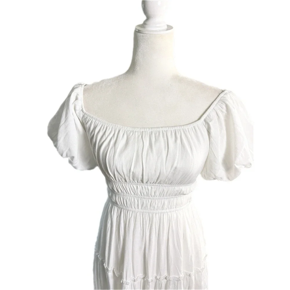 Trixxi‎ Smocked Puff Sleeve Maxi Womens Size S White Tiered Cottagecore Romantic